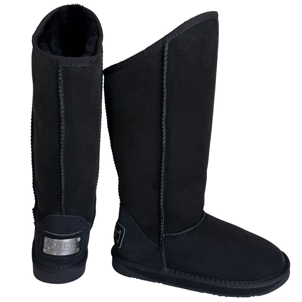 AUSTRALIA LUXE COLLECTIVE Black Cosy Tall Boots Sheepskin Fur Women's Size 7